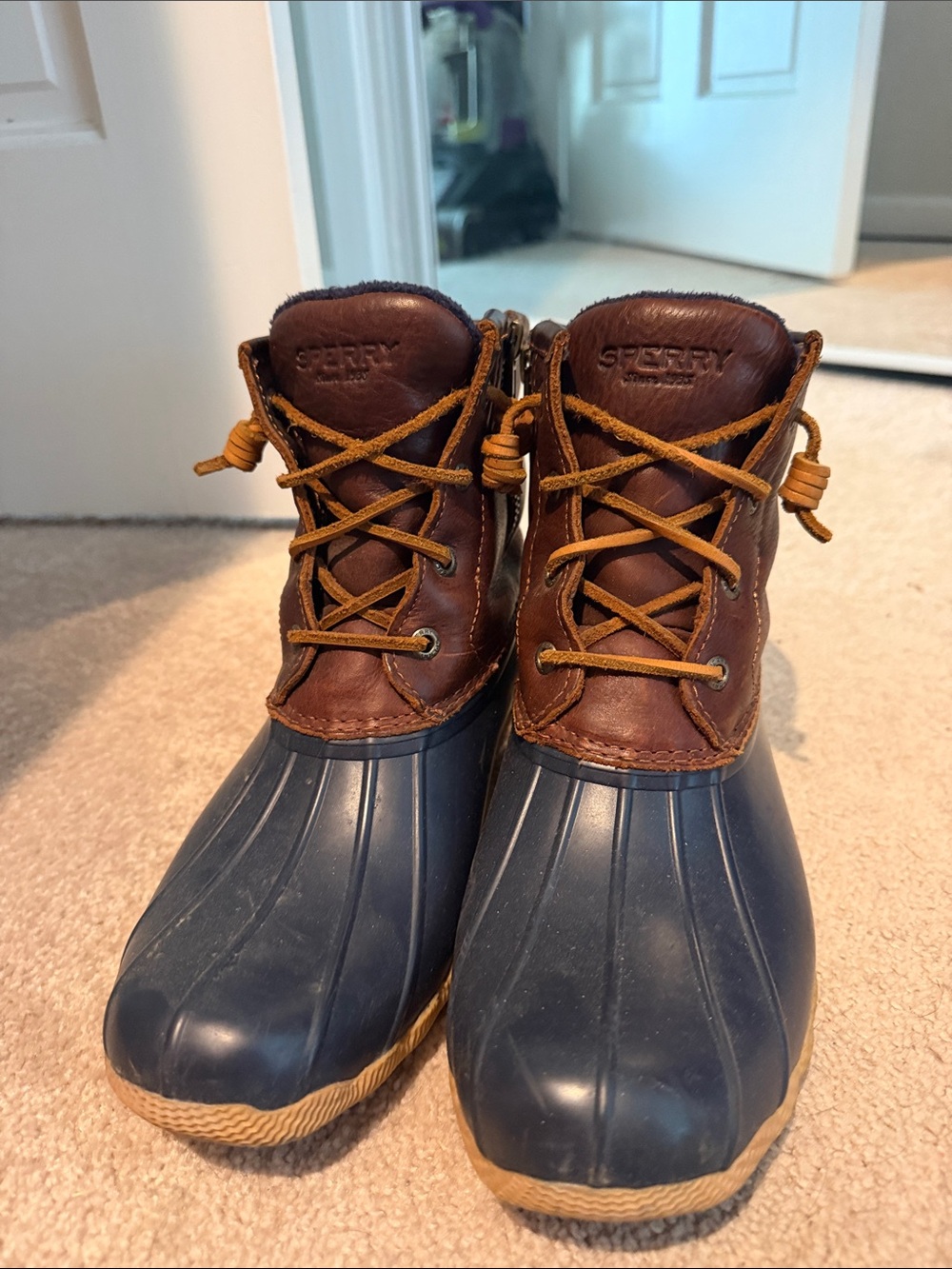 Sperry Navy and Brown Lace-Up Duck Booties
